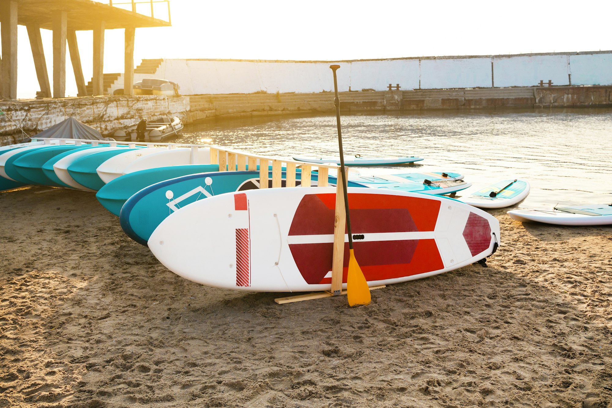 SUP Surf boards on beach early in the morning